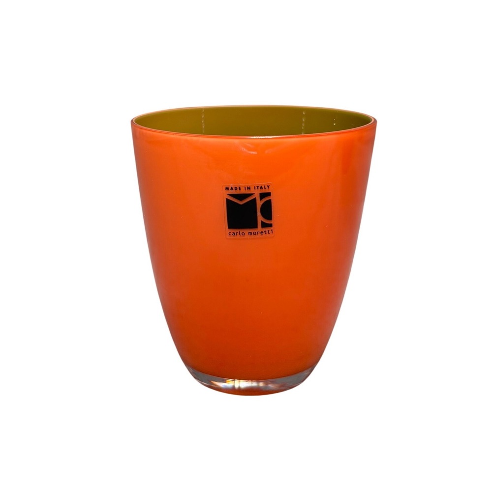 Carlo Moretti Murano Italy Cased Glass Orange Olive Green Tumbler Vase 3.5" MCM